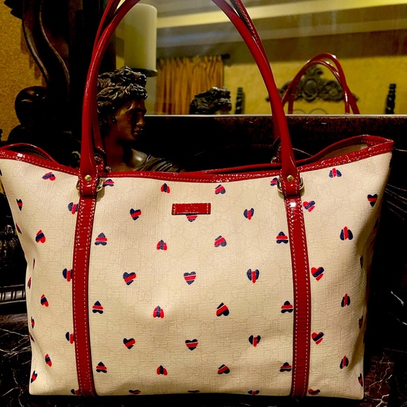 GUCCI GG Canvas Joy Heart Tote Bag White PVC Leather Auth rd1456 + Wallet - Picture 1 of 5